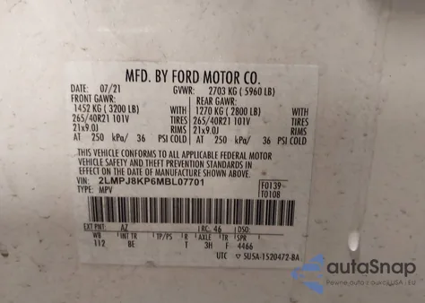 2021 Lincoln Nautilus Reserve z USA, uszkodzony, nr VIN 2LMPJ8KP6MBL07701